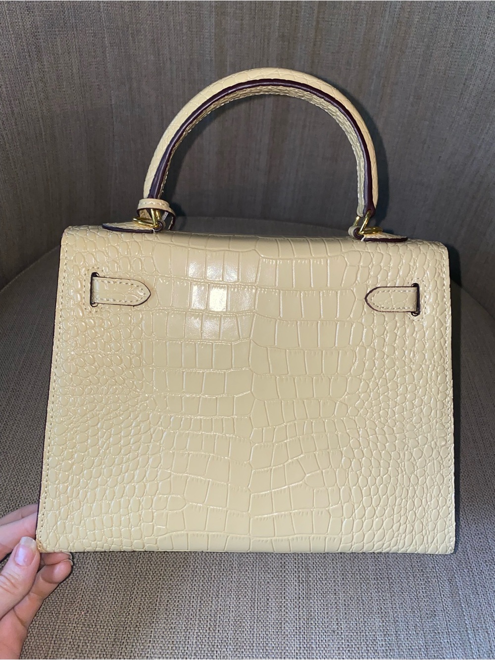 25cm khaki beige cream crocodile embossed leather Kelly top handle handbag ghw - Picture 3 of 5